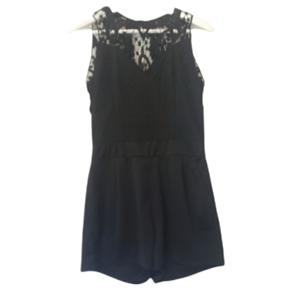 Black lace open back dressy short romper